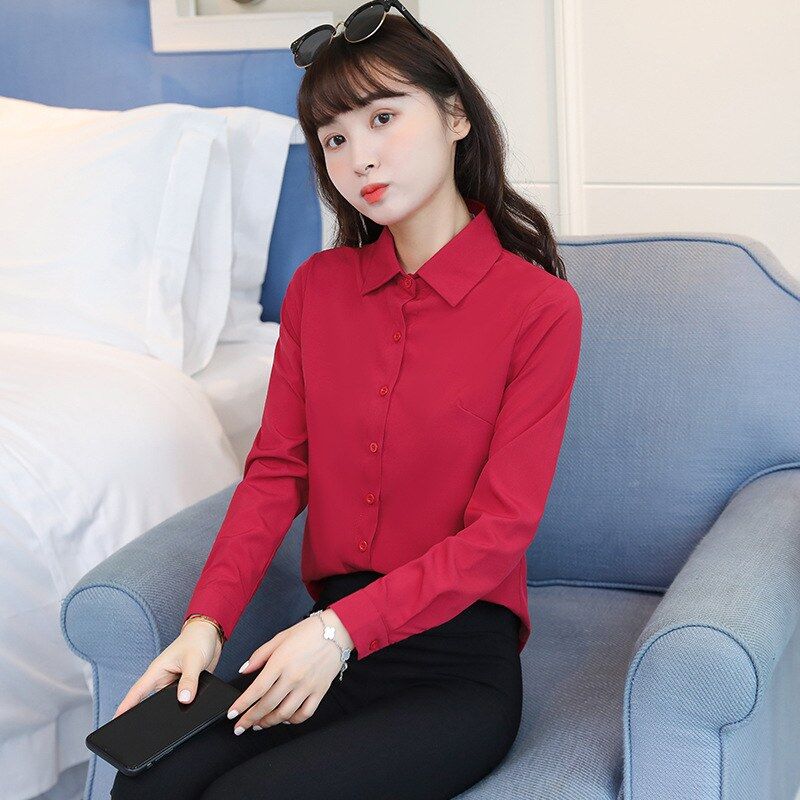Korean slim white chiffon shirt in wine red