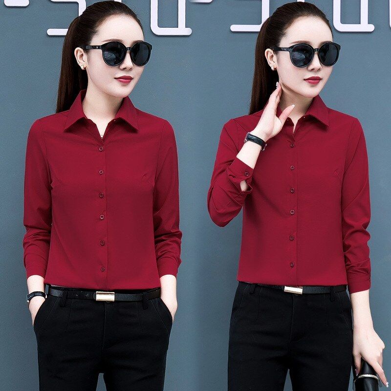 Korean slim red long sleeve shirt in wine red