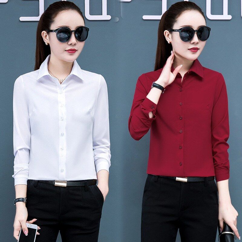 Koreanische Slim Rote Langarmbluse view 2