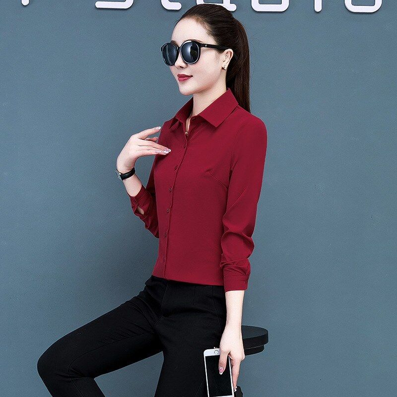 Koreanische Slim Rote Langarmbluse view 6