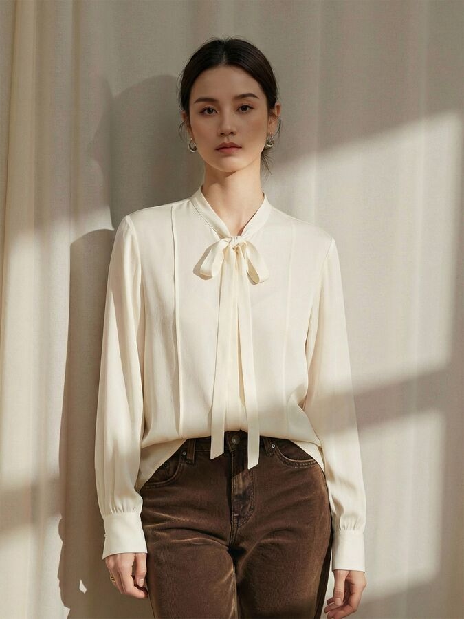 French Silk Bow Long Sleeve Blouse