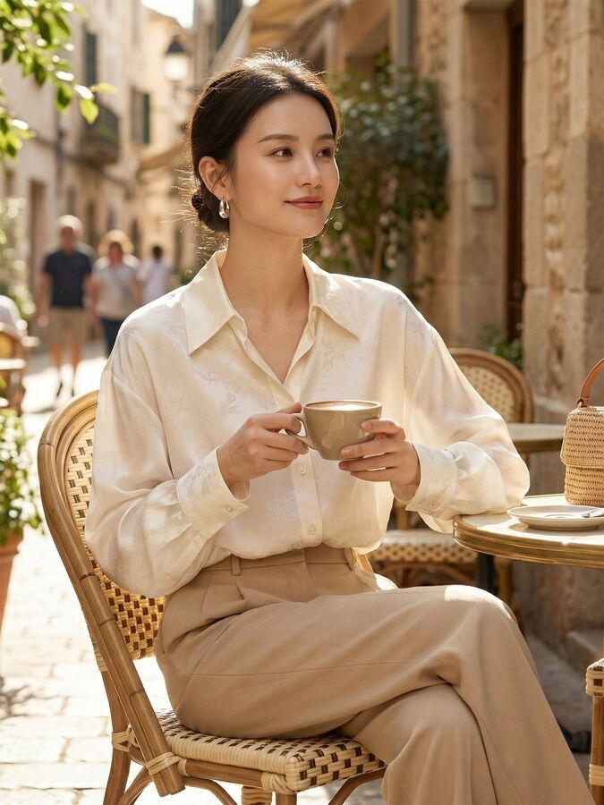 French Satin Jacquard Long Sleeve Shirt