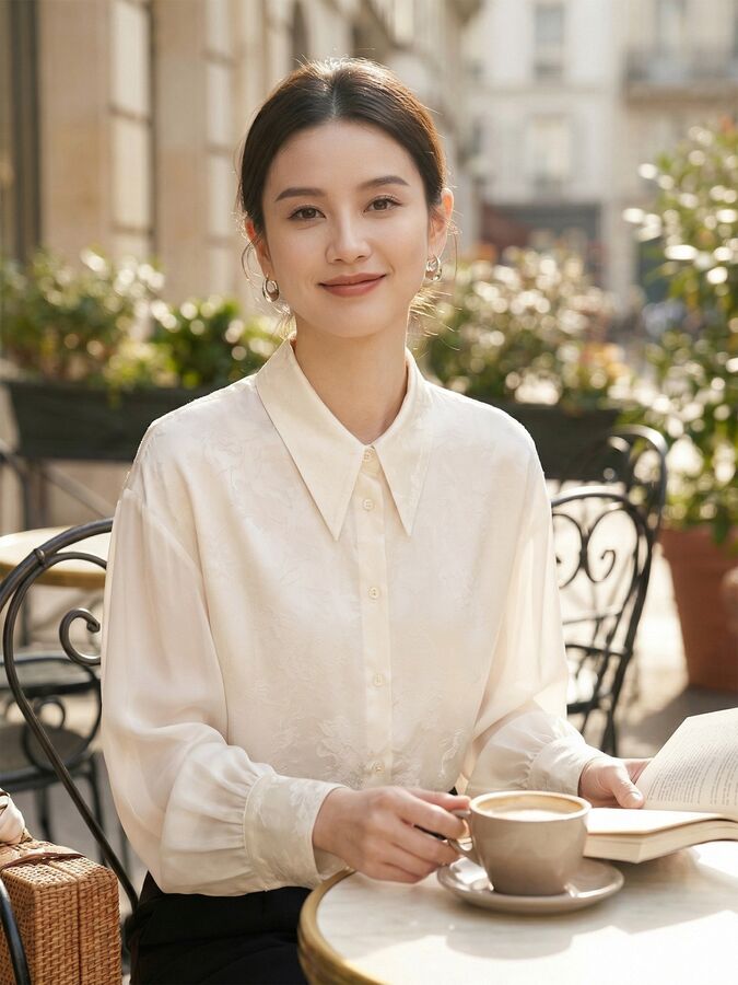French Satin Jacquard Long Sleeve Shirt view 2