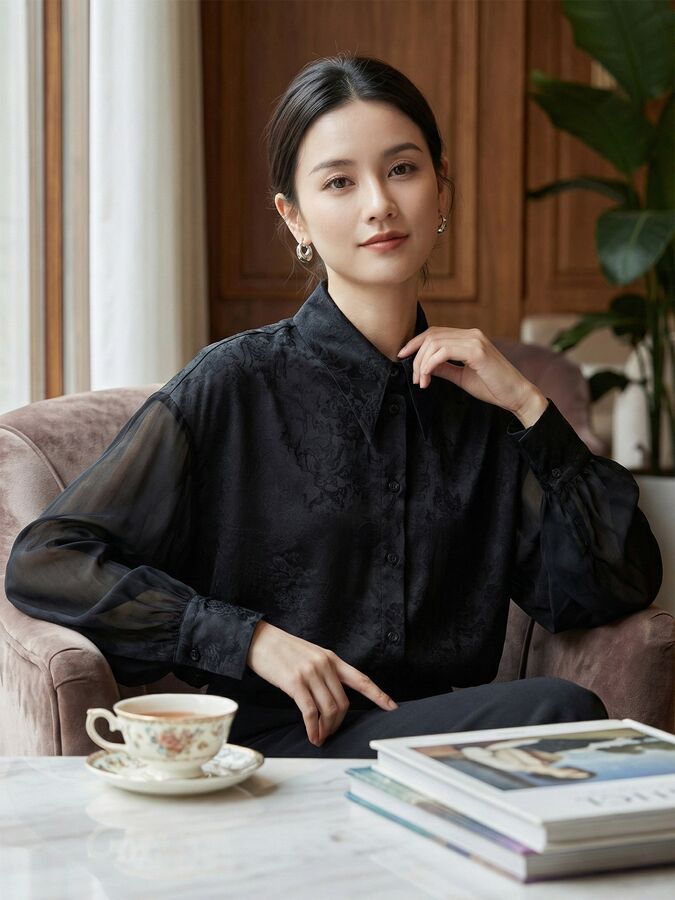 French Satin Jacquard Long Sleeve Shirt view 3