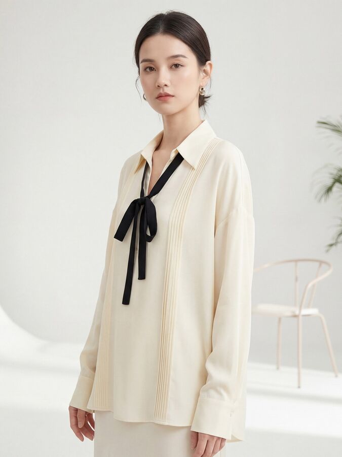 French Silk Bow Long Sleeve Blouse