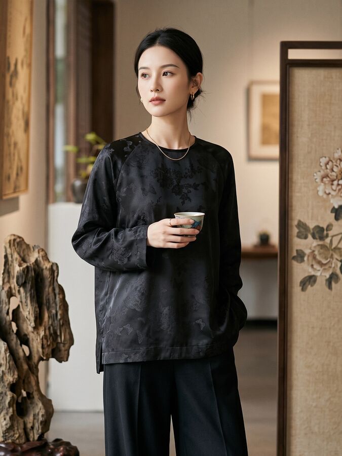 Jacquard Silk Long Sleeve Top