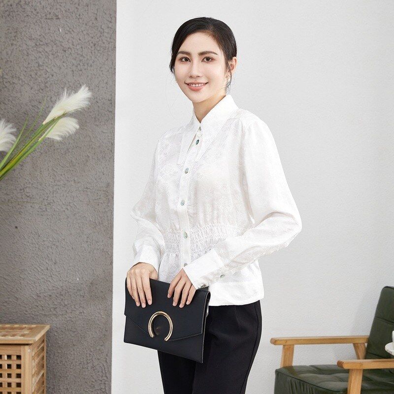 Silk jacquard long sleeve white shirt