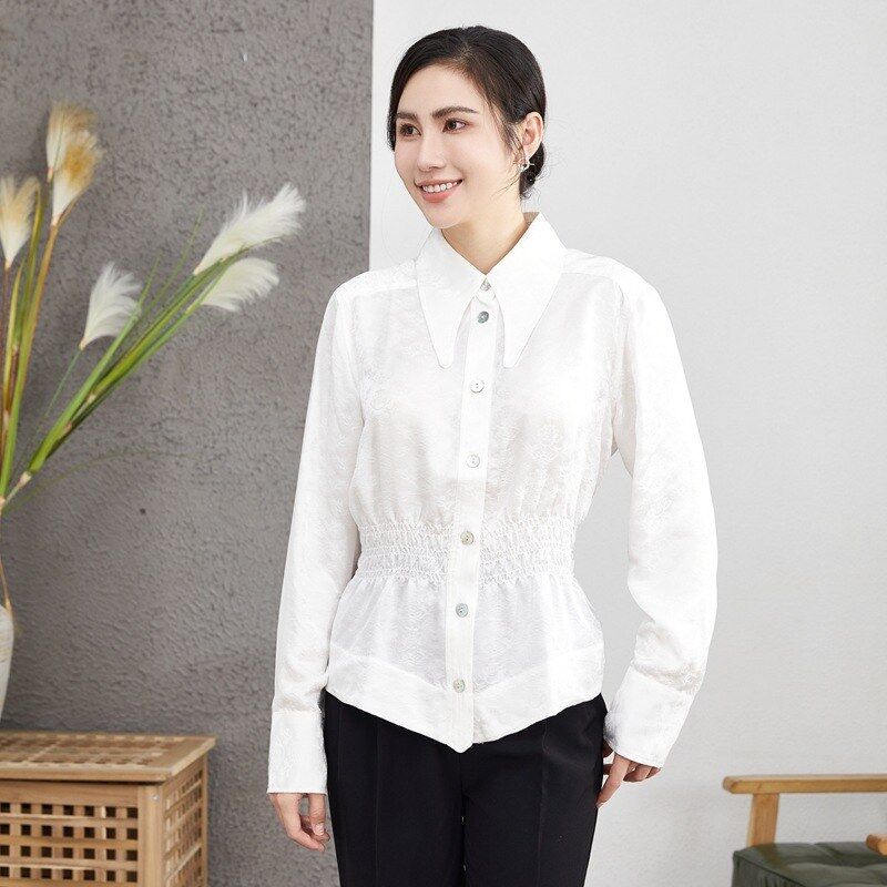 Camisa de Seda Jacquard Manga Longa Branca view 3