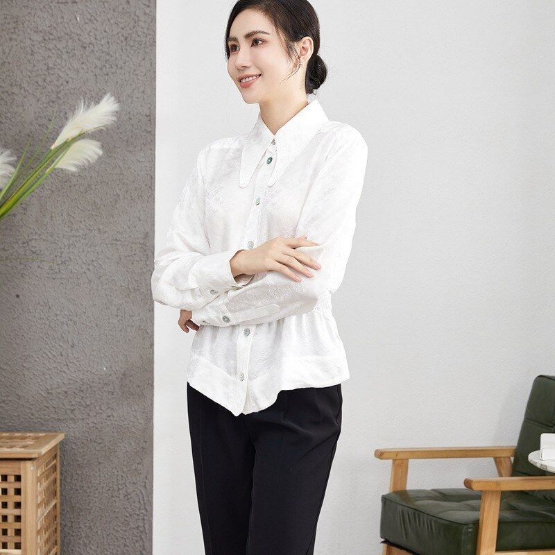 Camisa de Seda Jacquard Manga Longa Branca view 4