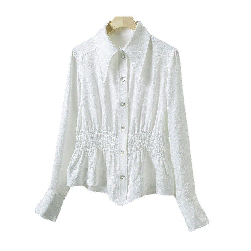 Camisa de Seda Jacquard Manga Longa Branca view 5