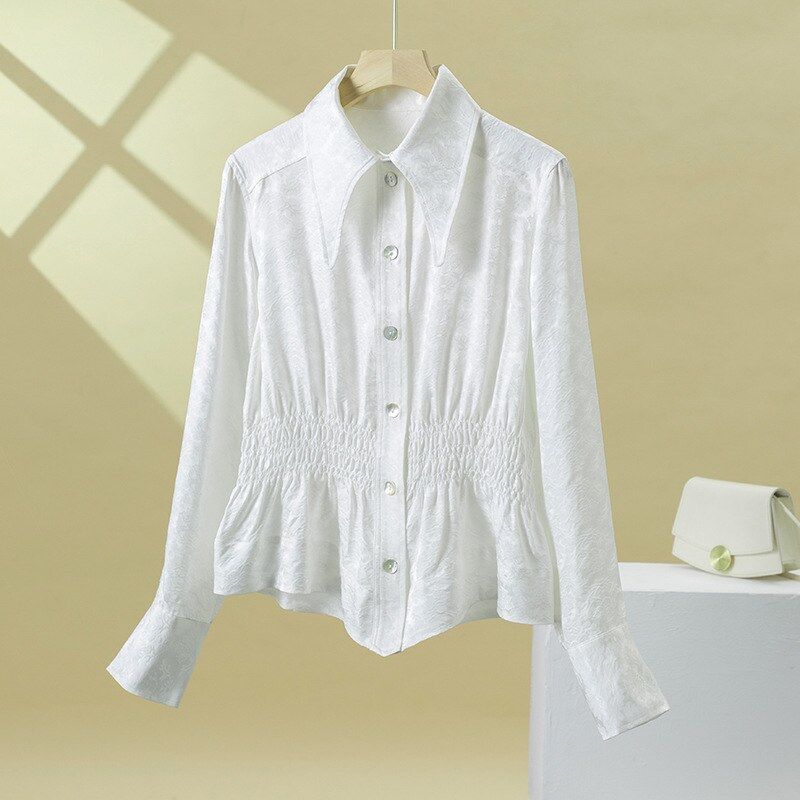 Camisa de Seda Jacquard Manga Longa Branca view 6