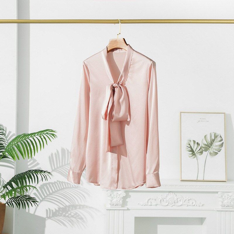 Satin silk bow tie long sleeve shirt