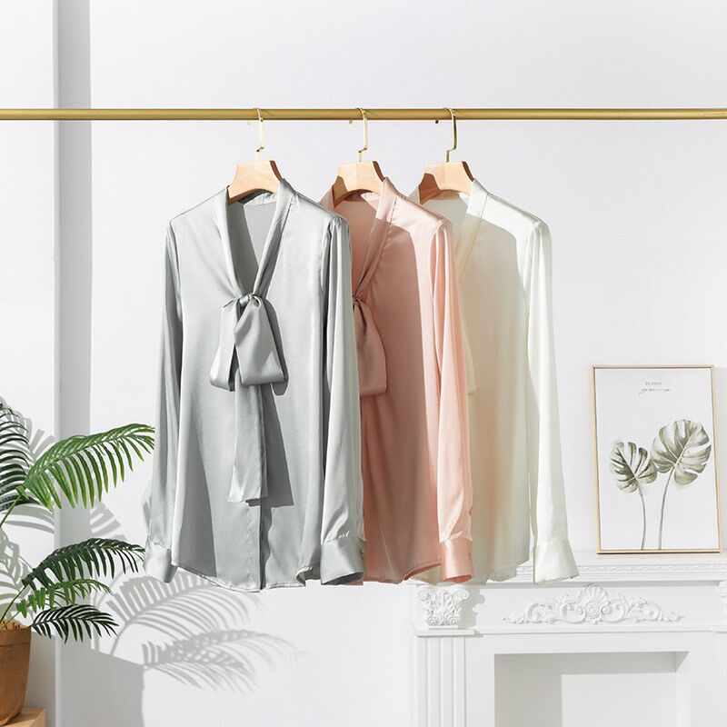 Satin Silk Bow Tie Long Sleeve Shirt view 3
