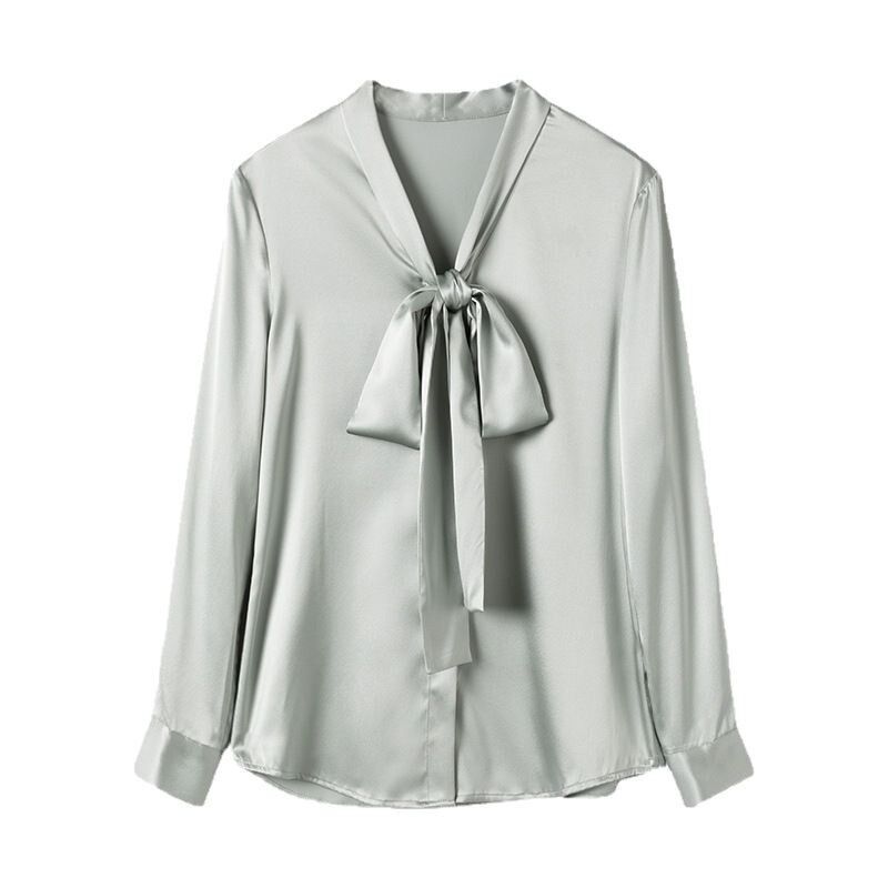 Satin Silk Bow Tie Long Sleeve Shirt view 5