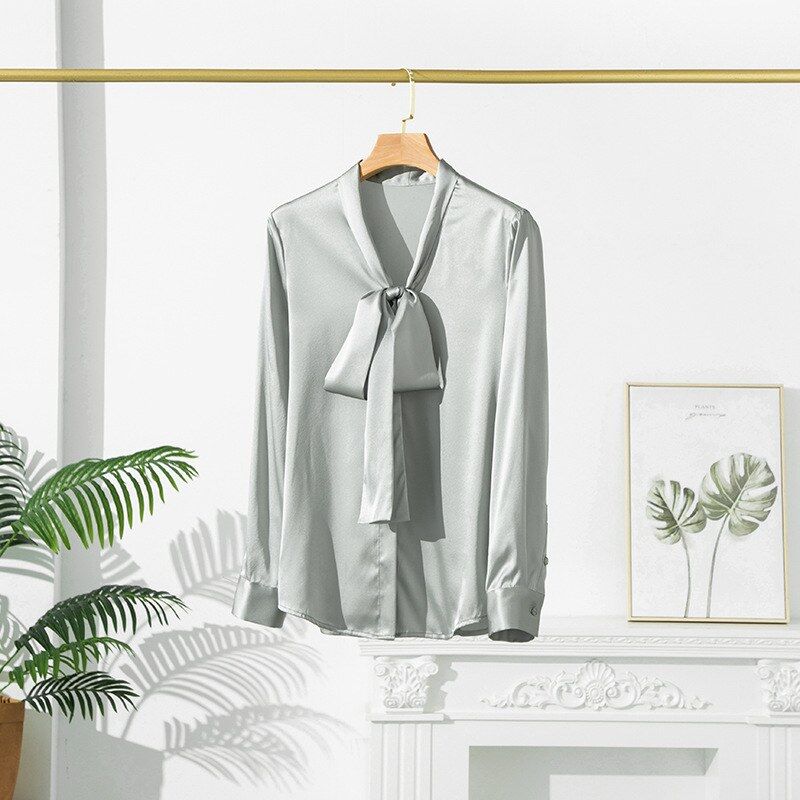 Satin Silk Bow Tie Long Sleeve Shirt view 8