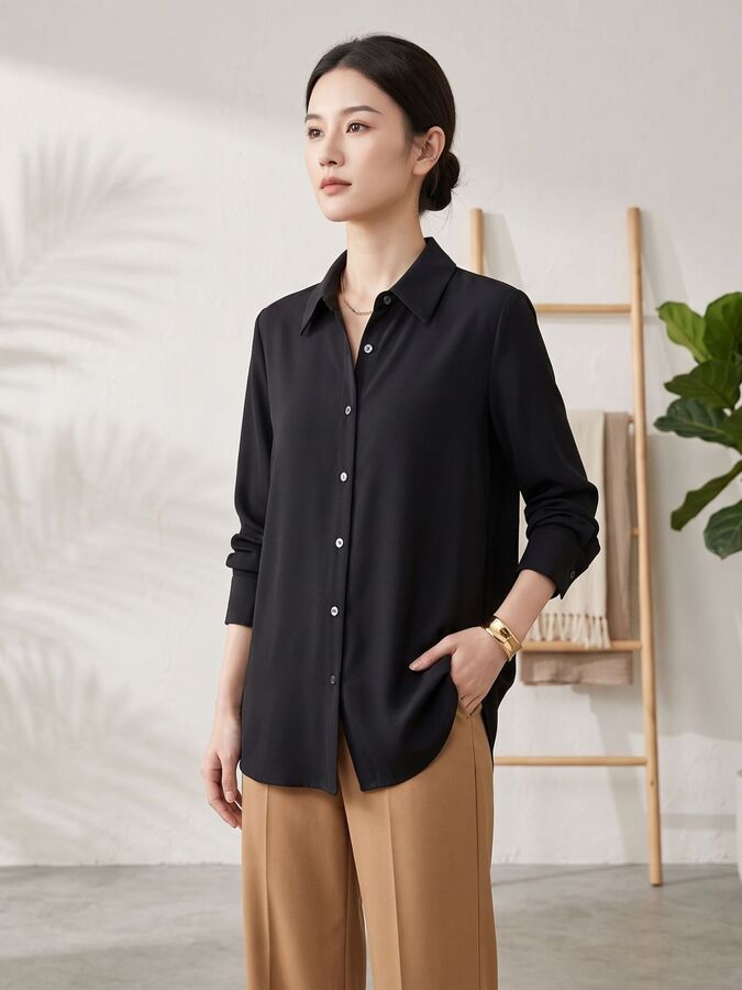 Chaqueta Camisera Midi de Seda con Manga Larga view 5