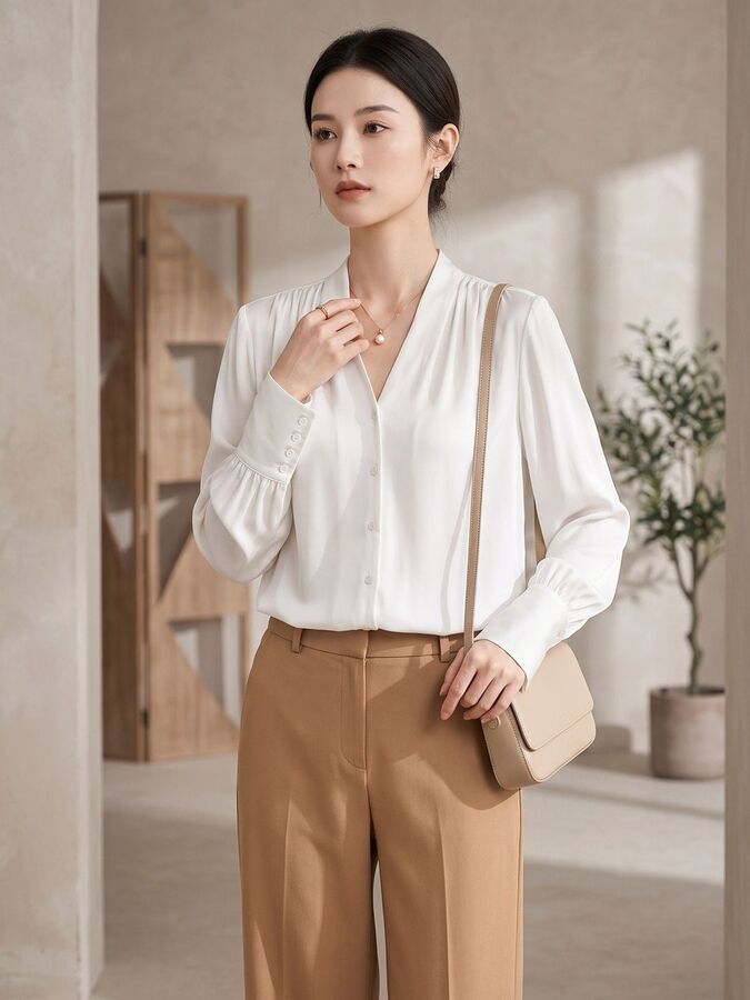Silk long sleeve V neck shirt