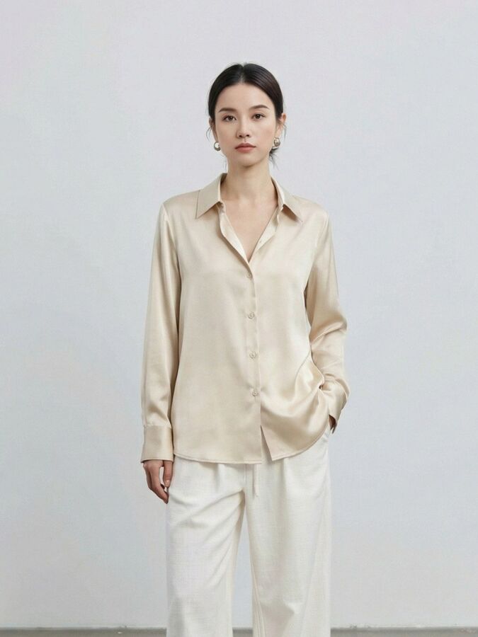 Satin Silk White Long Sleeve Office Shirt
