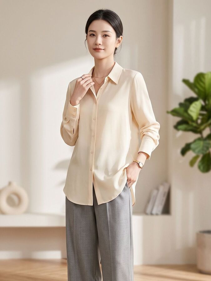 Silk Solid Long Sleeve Office Shirt