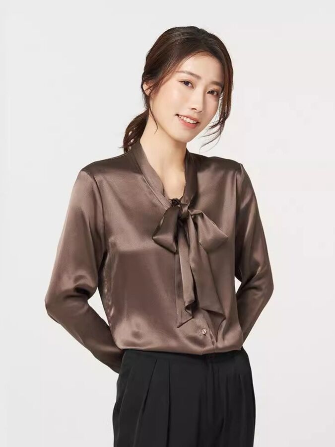 Silk Satin Long Sleeve Bow Shirt