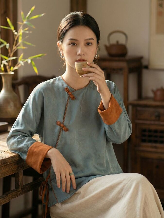 Silk Vintage Long Sleeve Chinese Style Shirt
