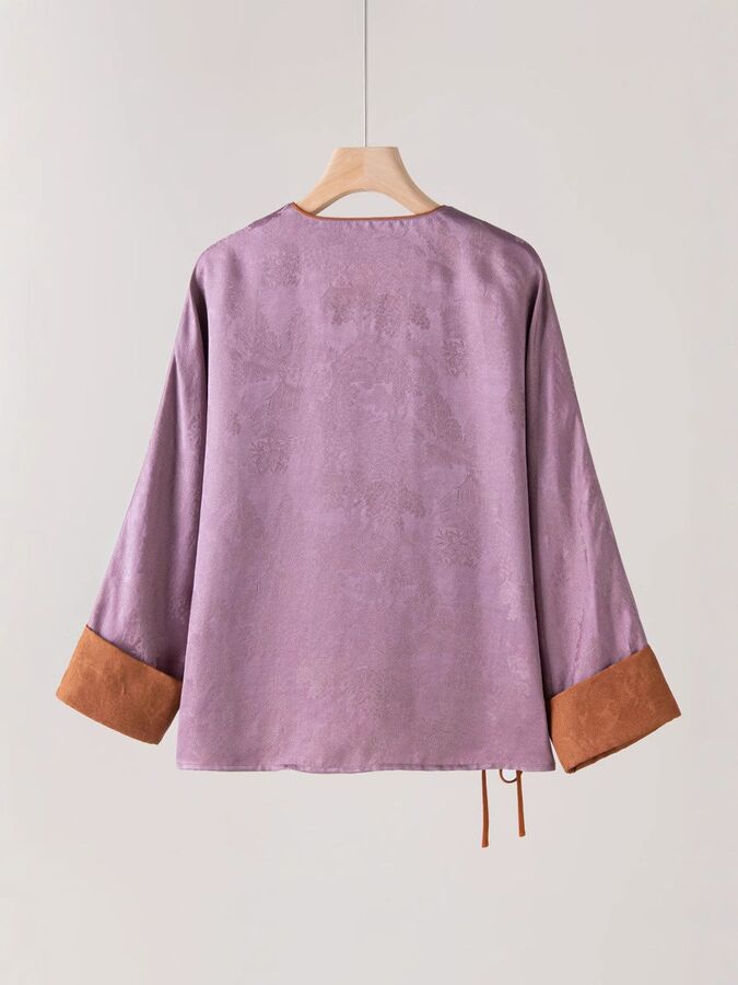 Kemeja Sutra Jacquard Vintage dengan Kancing Gaya Cina view 3