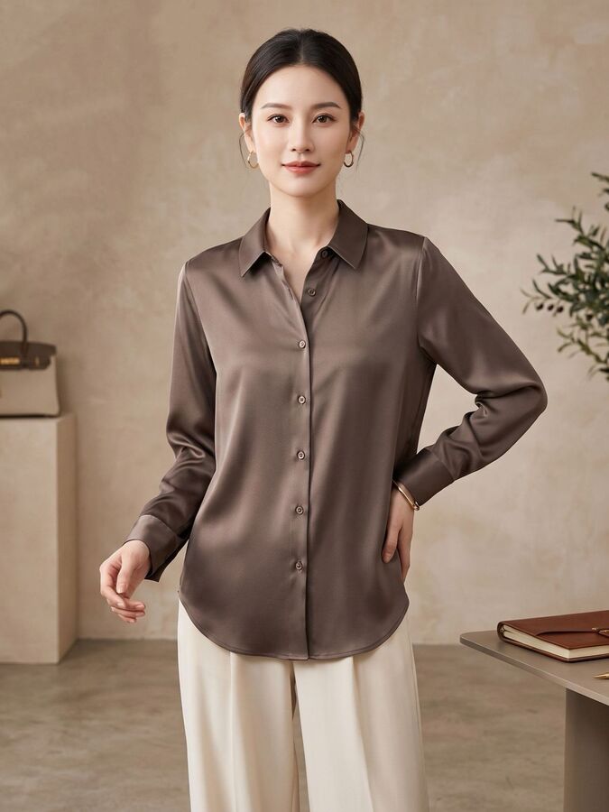 Satin Silk Shirt Long Sleeve Office