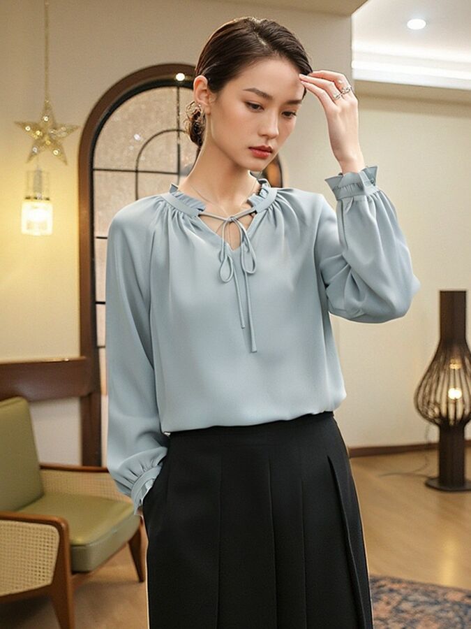 Silk V-Neck Shirt Long Sleeve