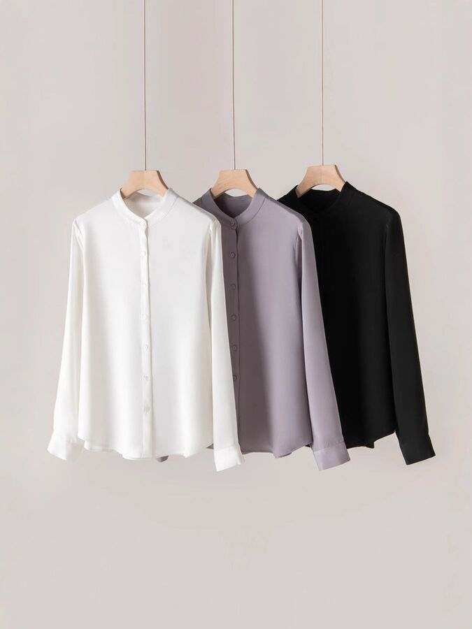 Silk Shirt Long Sleeve Office in White, grey-purple, and Black