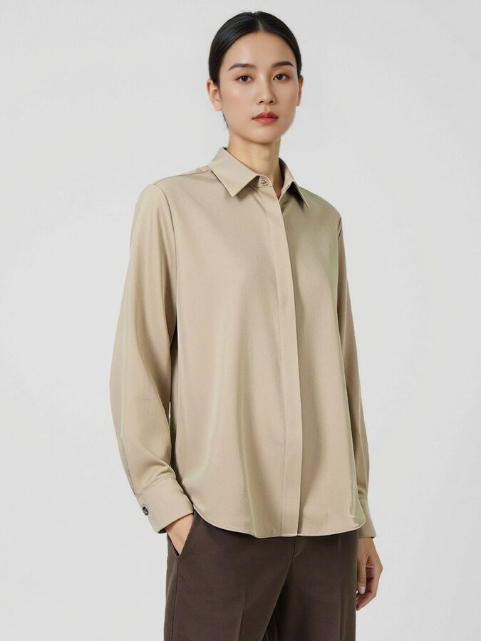 Tencel long sleeve shirt in khaki, off-white, black, and coffee
