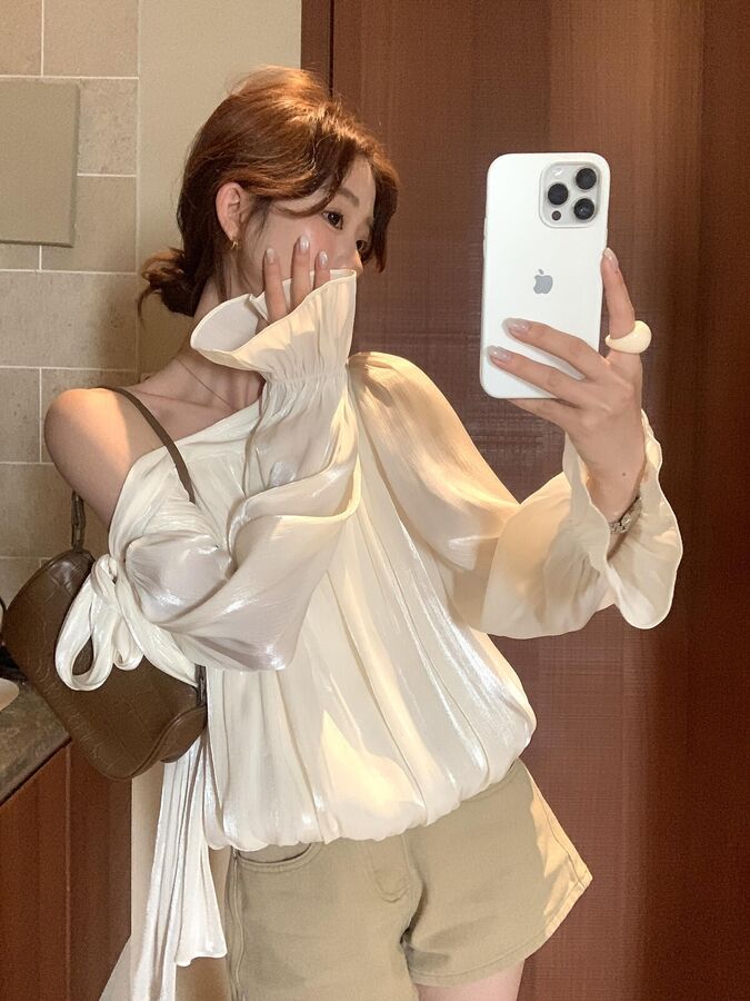 French asymmetric one-shoulder satin top in apricot