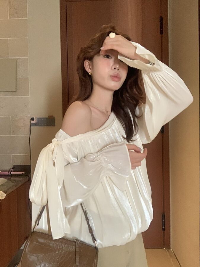 French Asymmetric One-Shoulder Satin Top view 2
