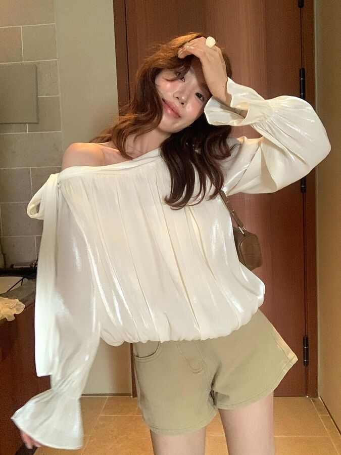 French Asymmetric One-Shoulder Satin Top view 3