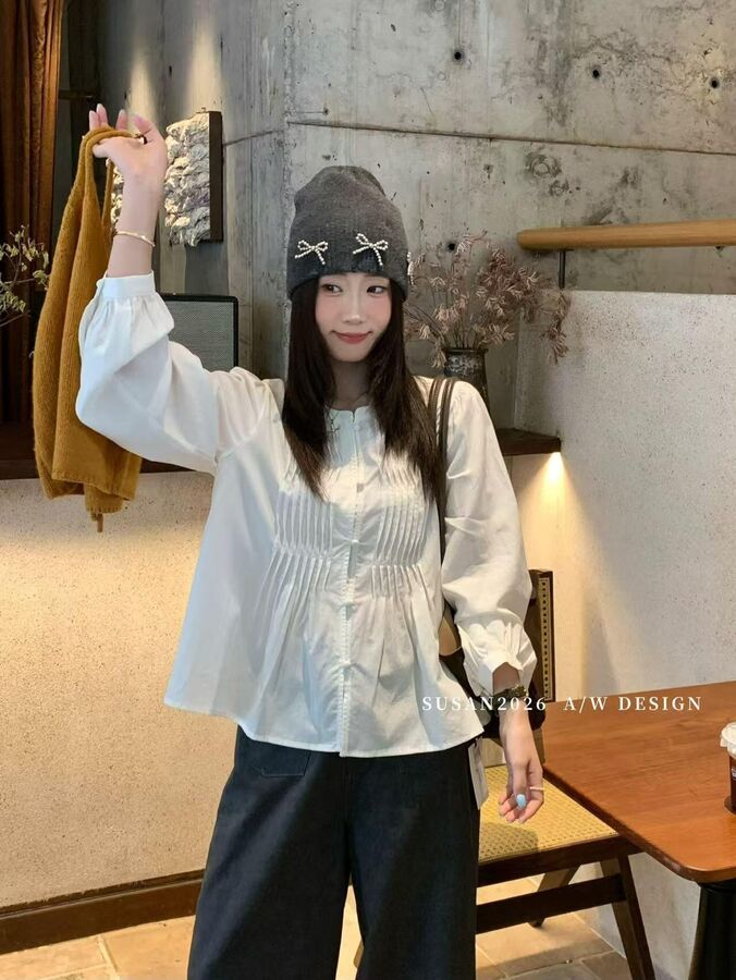 Pleated Puff Sleeve Collared Shirt