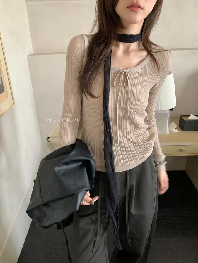 Tie Round Neck Long Sleeve Knit Top view 5