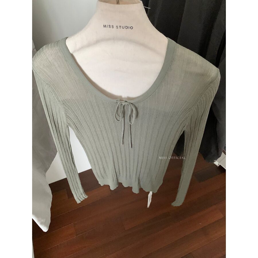 Tie Round Neck Long Sleeve Knit Top view 9