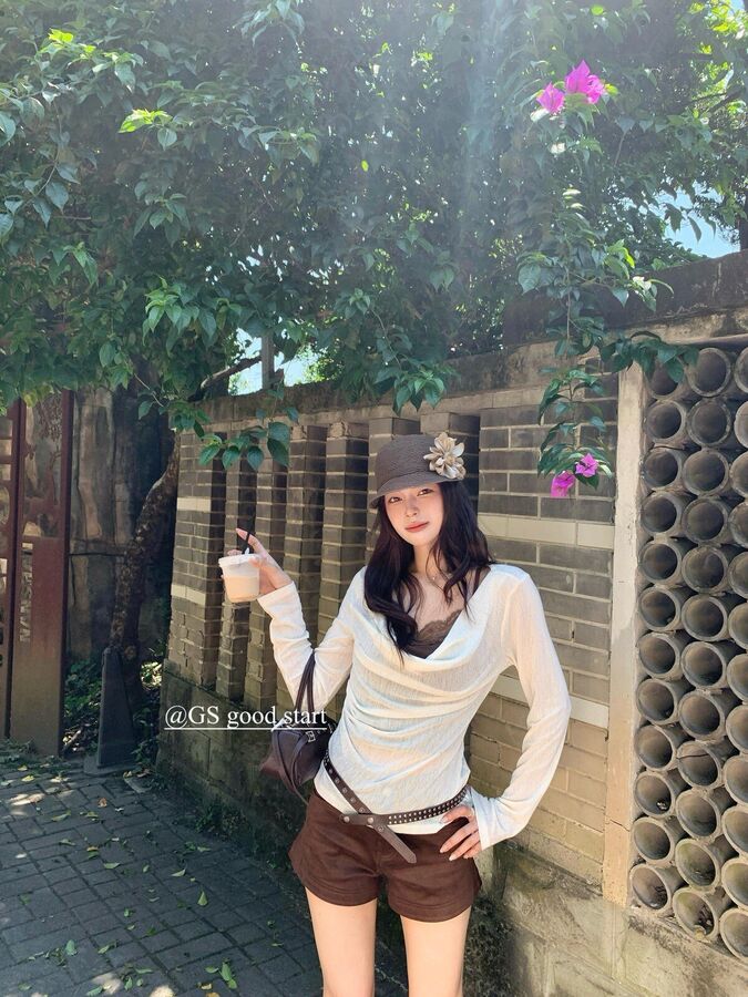 French lace panel long sleeve blouse in apricot, deep purple, and brown polka dot