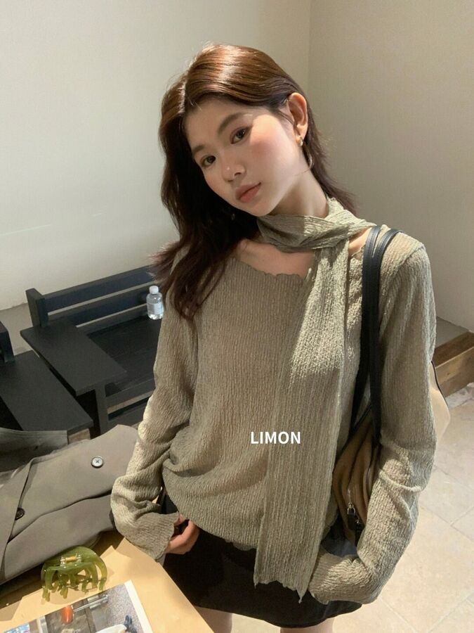 Korean ruffle long sleeve blouse in apricot, green, and orange pink
