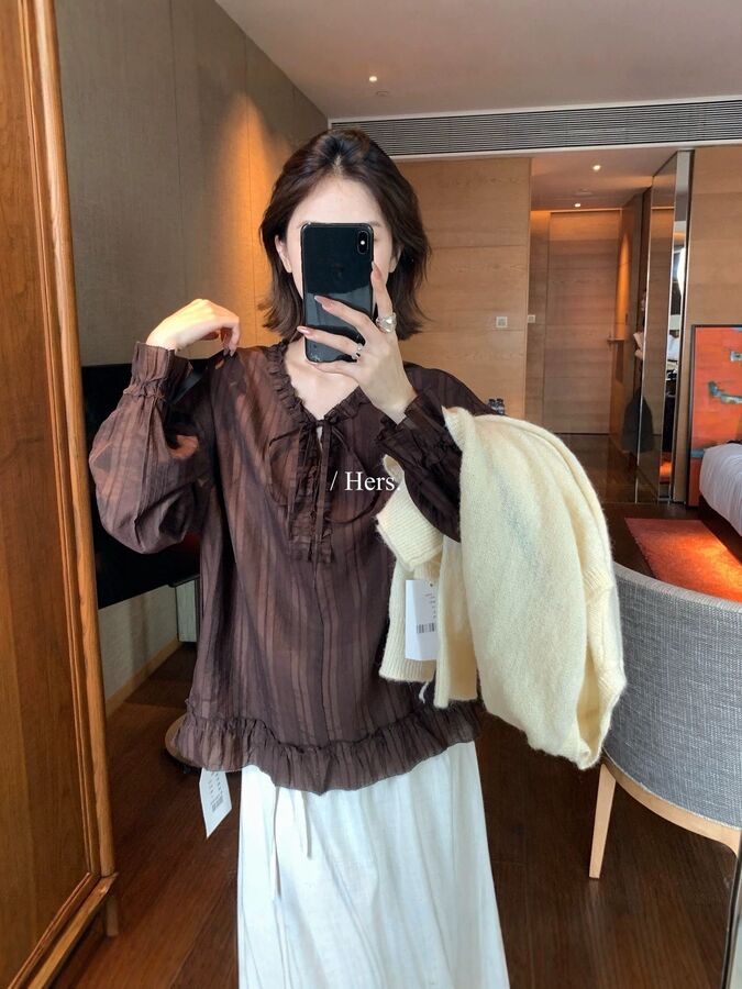 Ruffle tie long sleeve blouse in off-white and brown