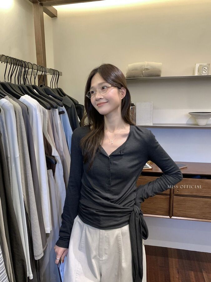 Korean tie hem long sleeve blouse in dark grey, off-white, heather grey, grey khaki, mocha, and misty blue