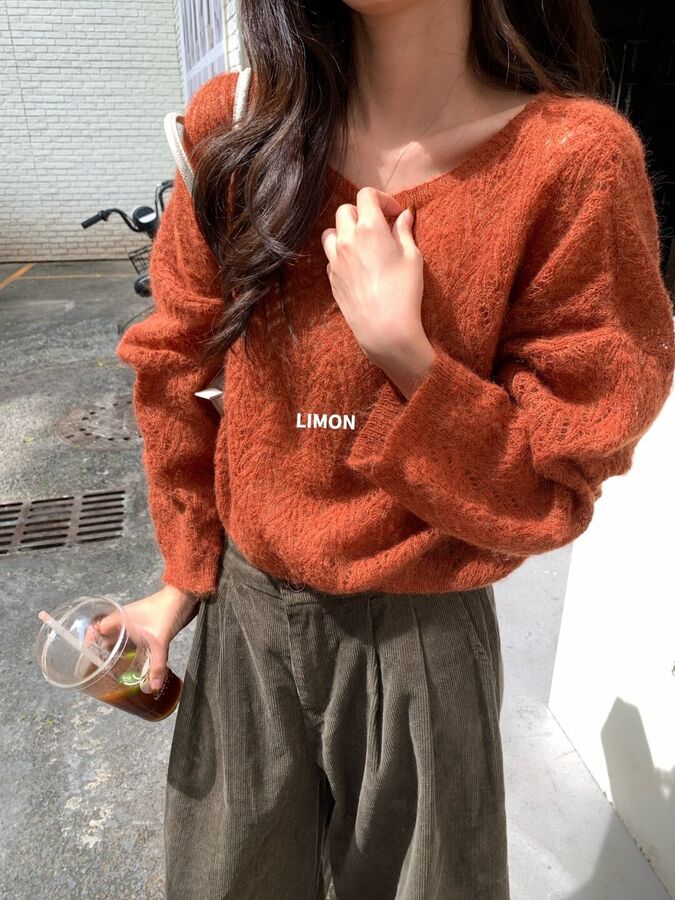 Korean lazy long sleeve knit sweater in caramel orange, light khaki, olive green, striped, and heather grey
