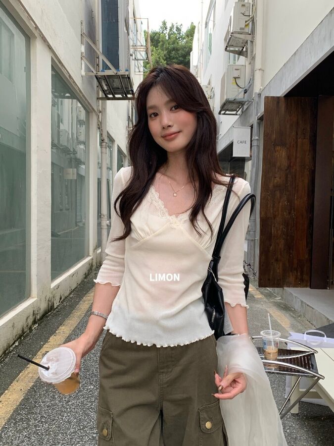 French velvet lace V-neck blouse in apricot and grey