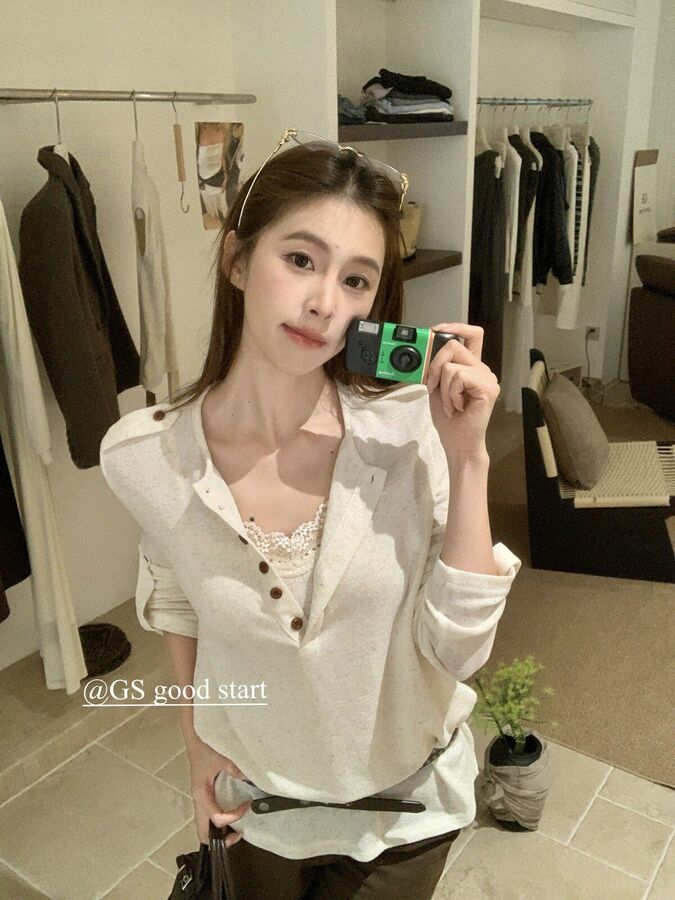 Korean lace panel V-neck long sleeve blouse in apricot and light orange