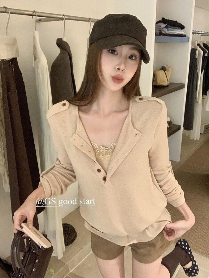 Korean Lace Panel V-Neck Long Sleeve Blouse view 2