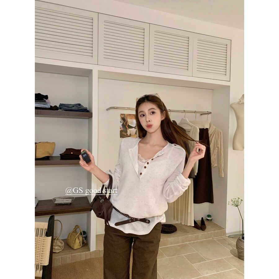 Korean Lace Panel V-Neck Long Sleeve Blouse view 6