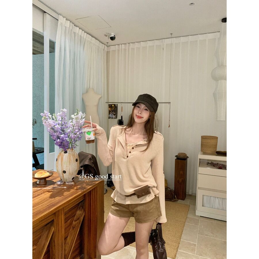 Korean Lace Panel V-Neck Long Sleeve Blouse view 7