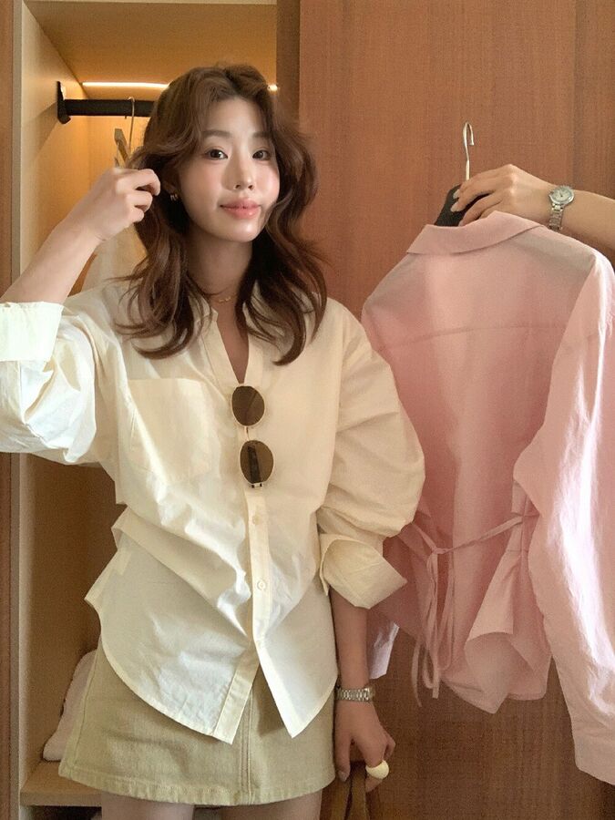 Long Sleeve Tie Pleated Shirt