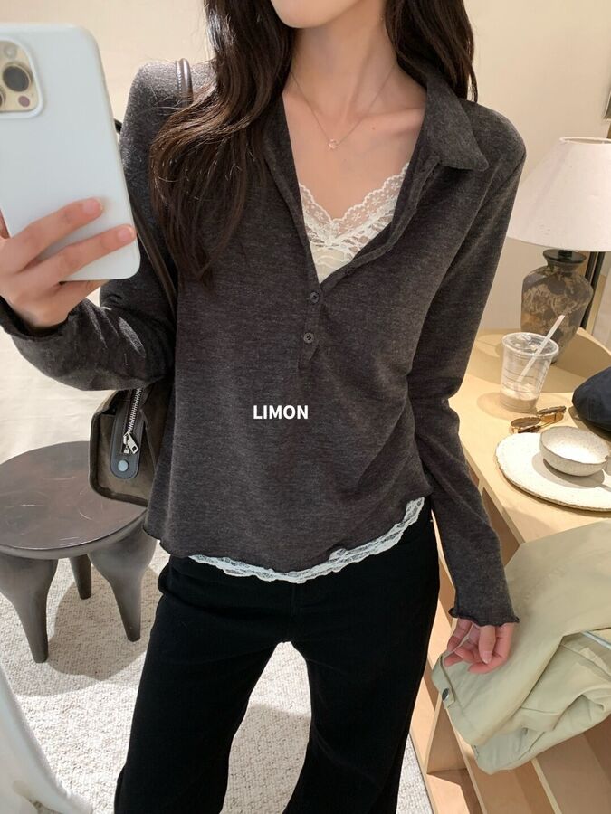 French Lace Panel Long Sleeve Blouse view 3