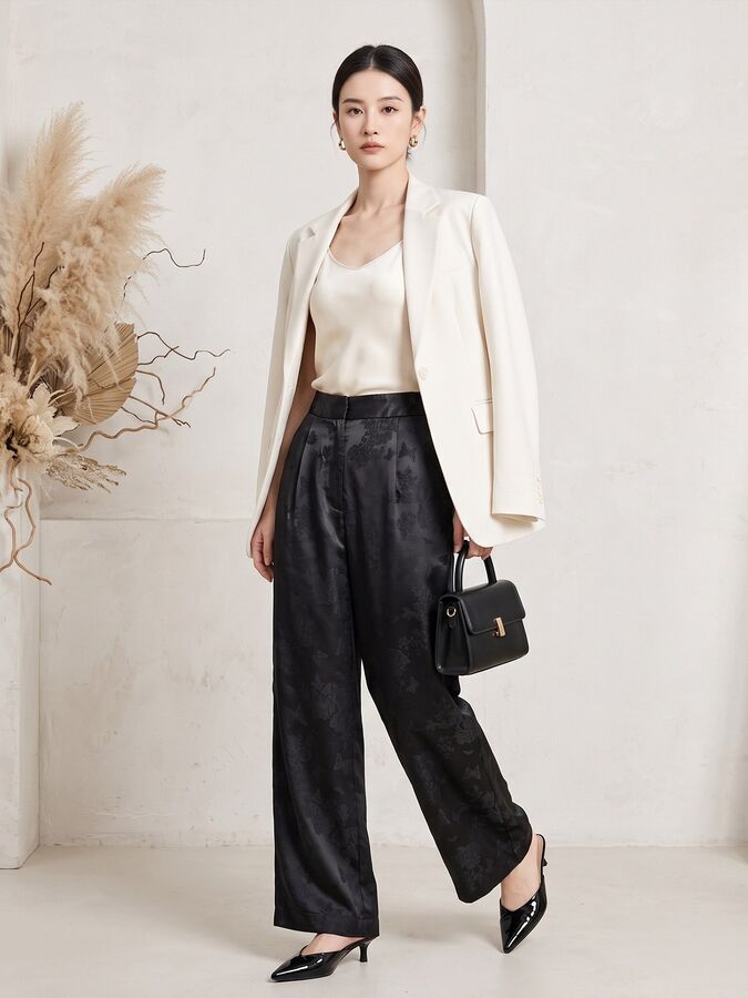 Jacquard Silk Straight Pants