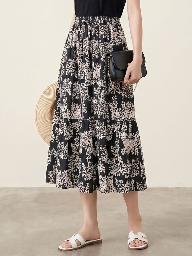 Silk Floral A-Line Midi Skirt